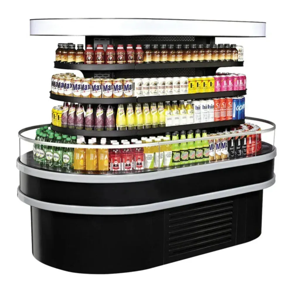 Black open island display case from Turbo Air designed for maximum chilled item visibility, perfect for efficient grab and go retail setups.