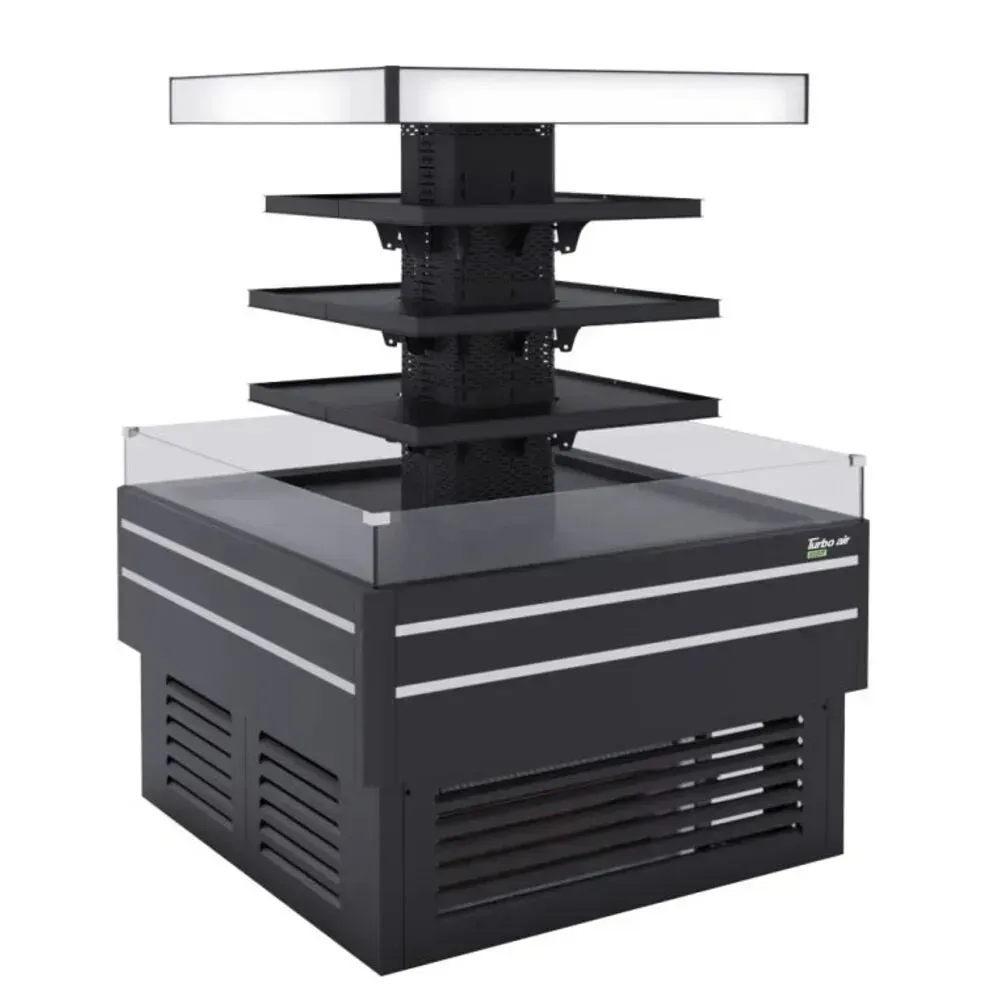 Black island self serve refrigerated merchandiser from Turbo Air with a compact footprint and LED lighting, great for smaller retail areas.