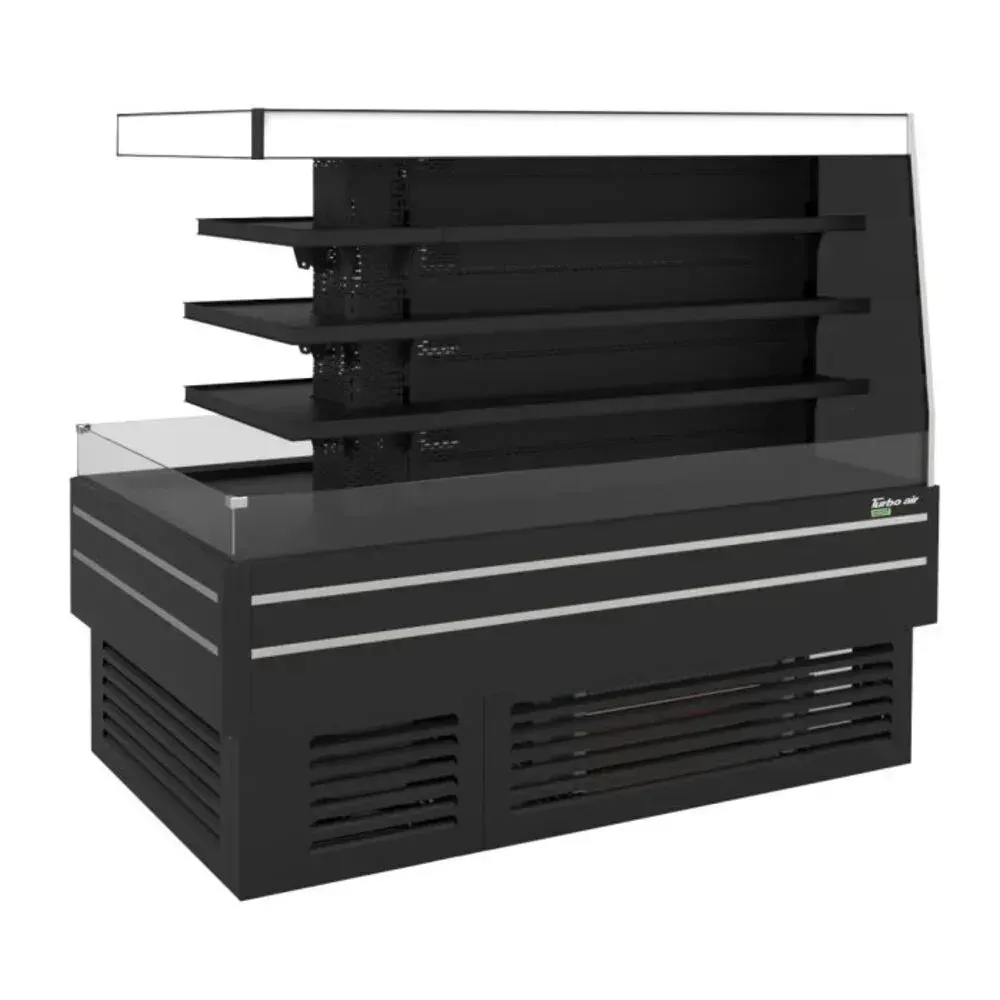 Stainless island self serve refrigerated merchandiser from Turbo Air with an open LED lit display, enhances visibility and encourages purchases.