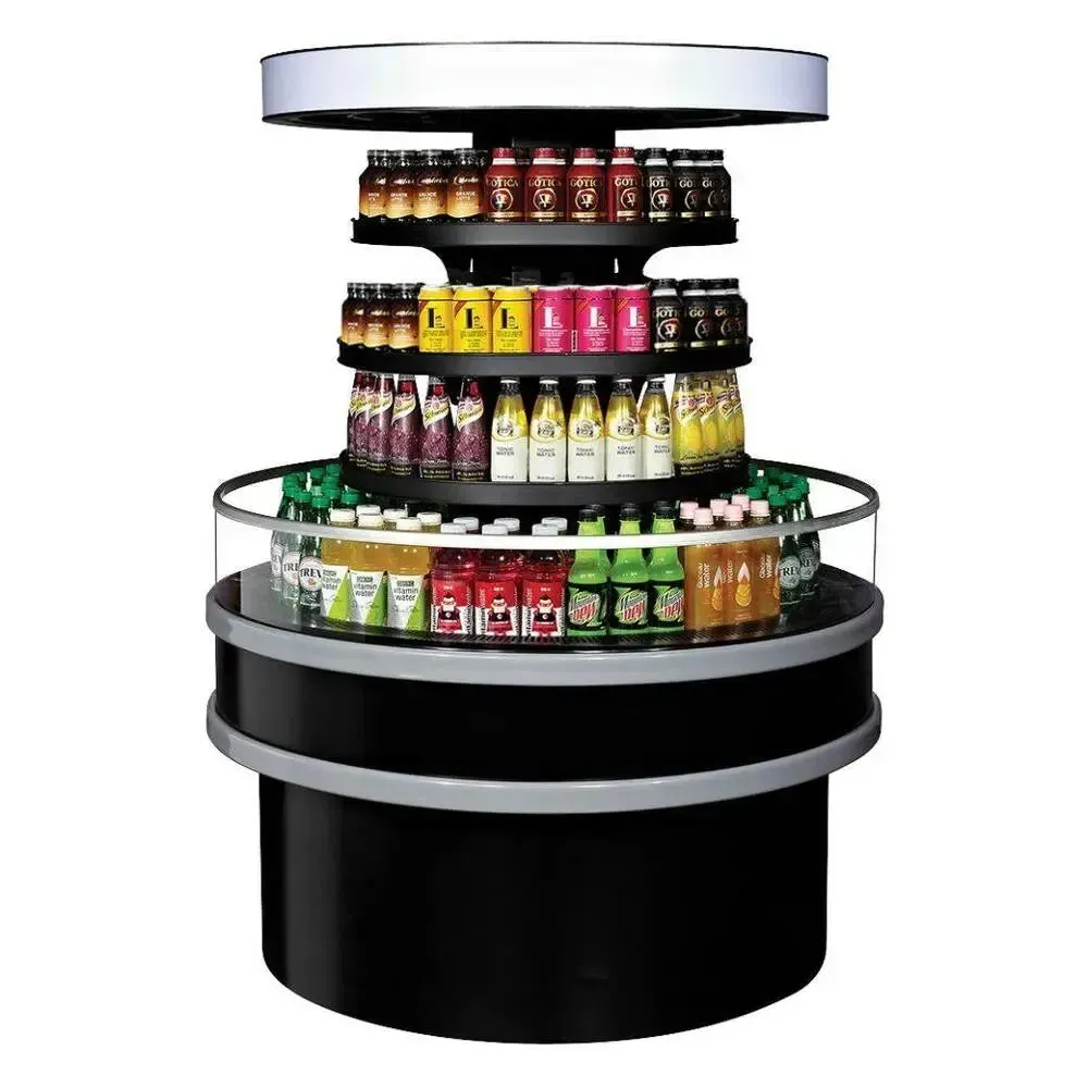 Round, island style open air refrigerated merchandiser from Turbo Air with a black finish, offering a unique, accessible display for beverages.