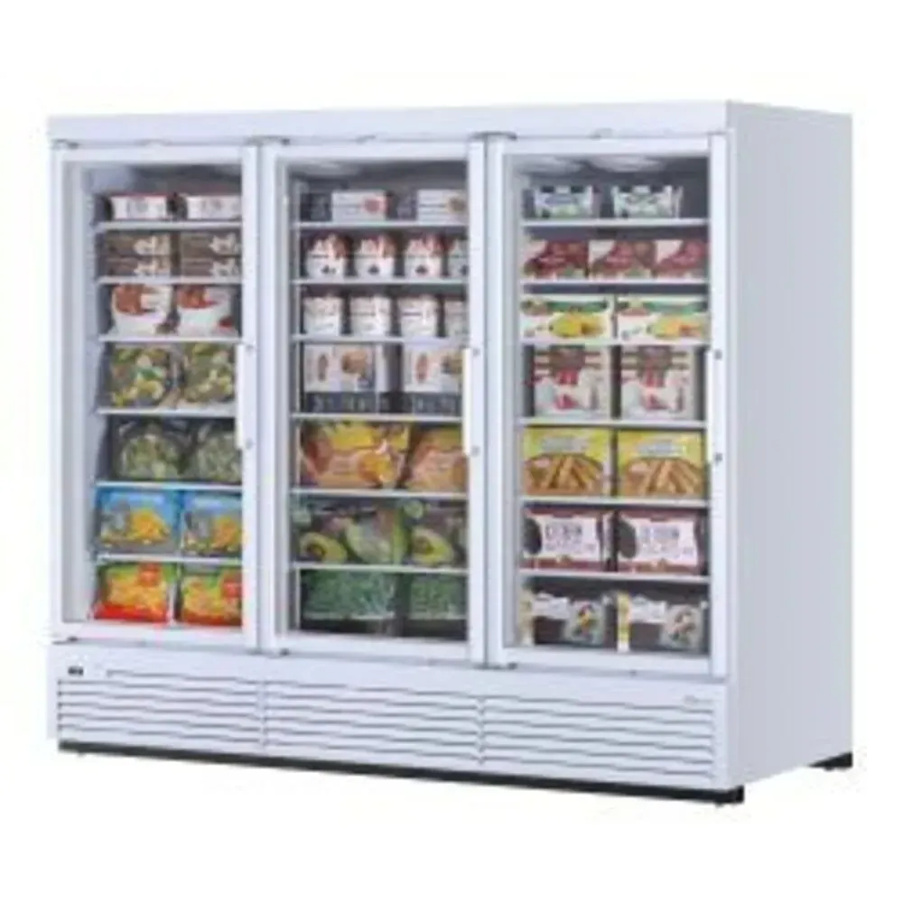 Three section glass merchandiser from Turbo Air offers expansive chilled display for high traffic supermarkets, showcasing beverages and desserts.