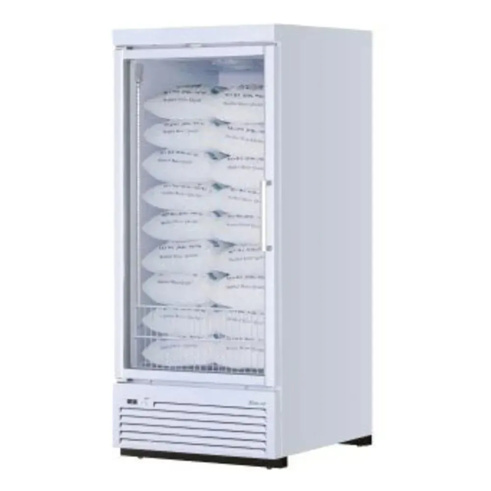 Single section ice merchandiser from Turbo Air with a glass front, showcases frosty bags clearly for quick customer selection in compact spaces.
