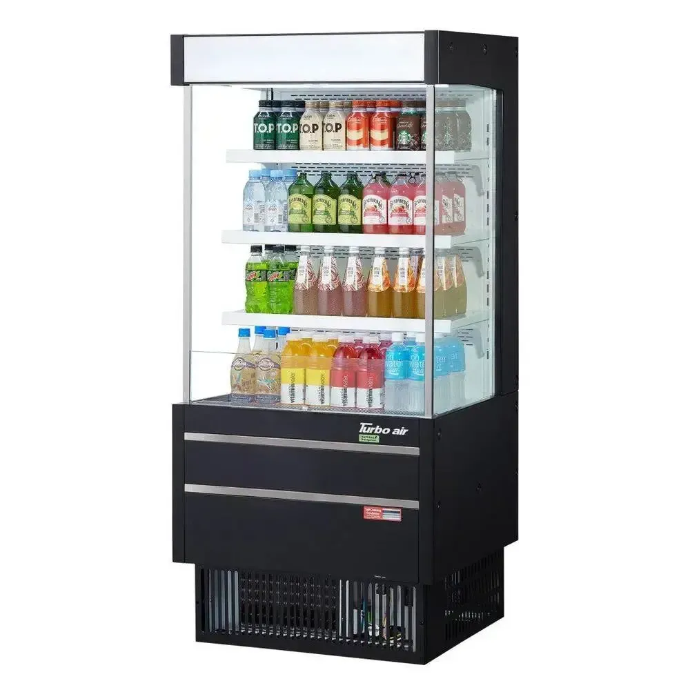 Very narrow vertical air curtain merchandiser by Turbo Air with a black exterior, a perfect space saving solution for grab and go drinks.