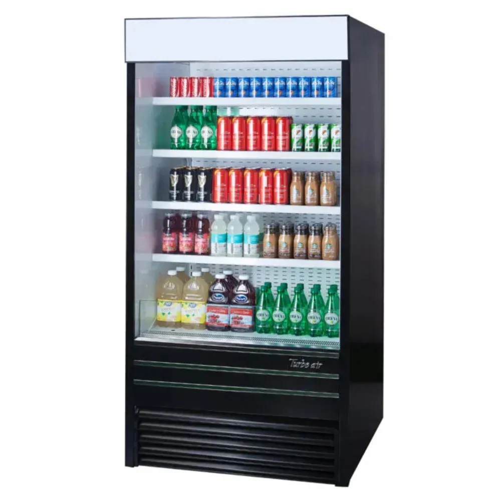 Narrow vertical air curtain merchandiser by Turbo Air with a black finish, a space efficient open display refrigerator for retail sections.