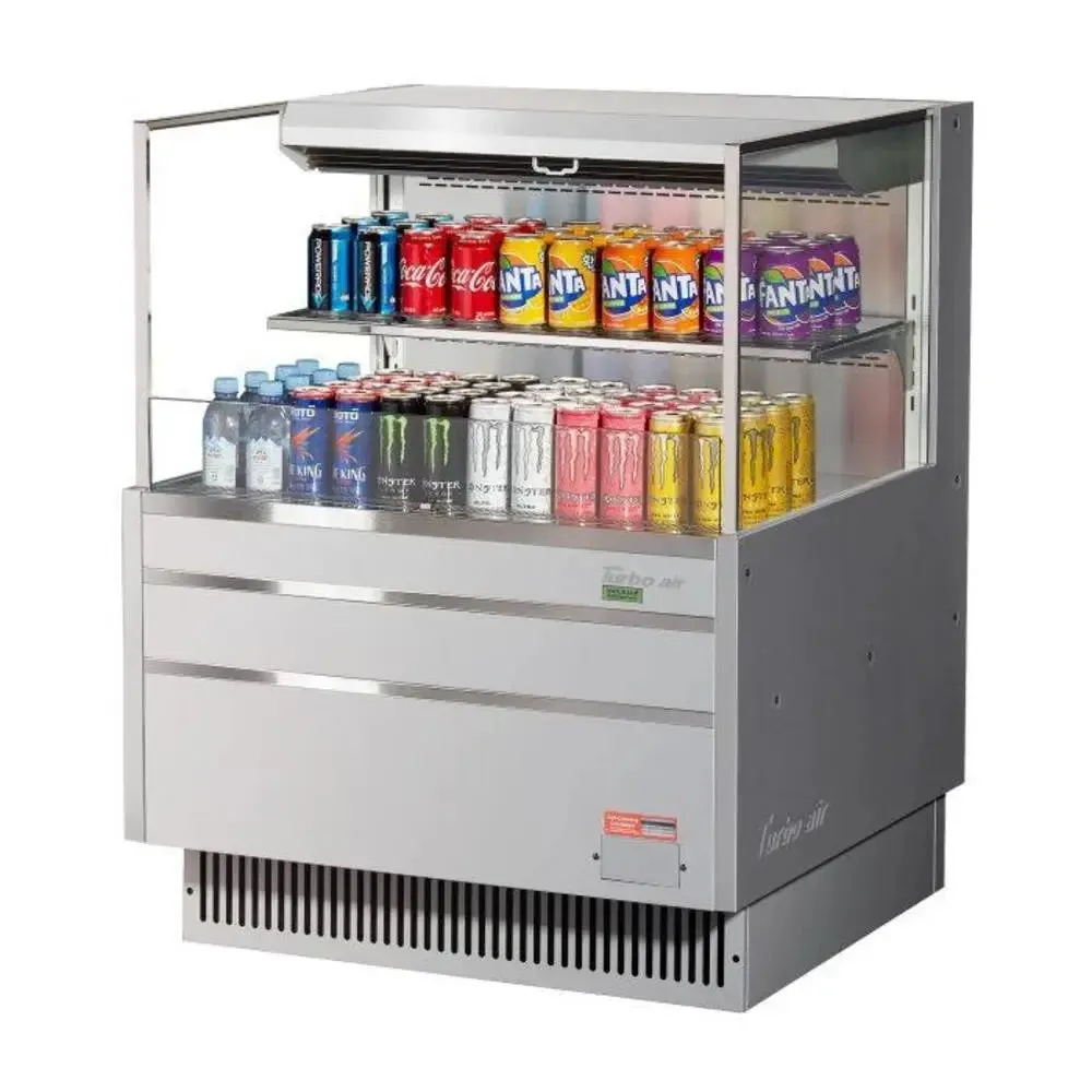 Versatile dual zone open display case from Turbo Air offers flexible storage across two cooling zones, perfect for organized commercial display.