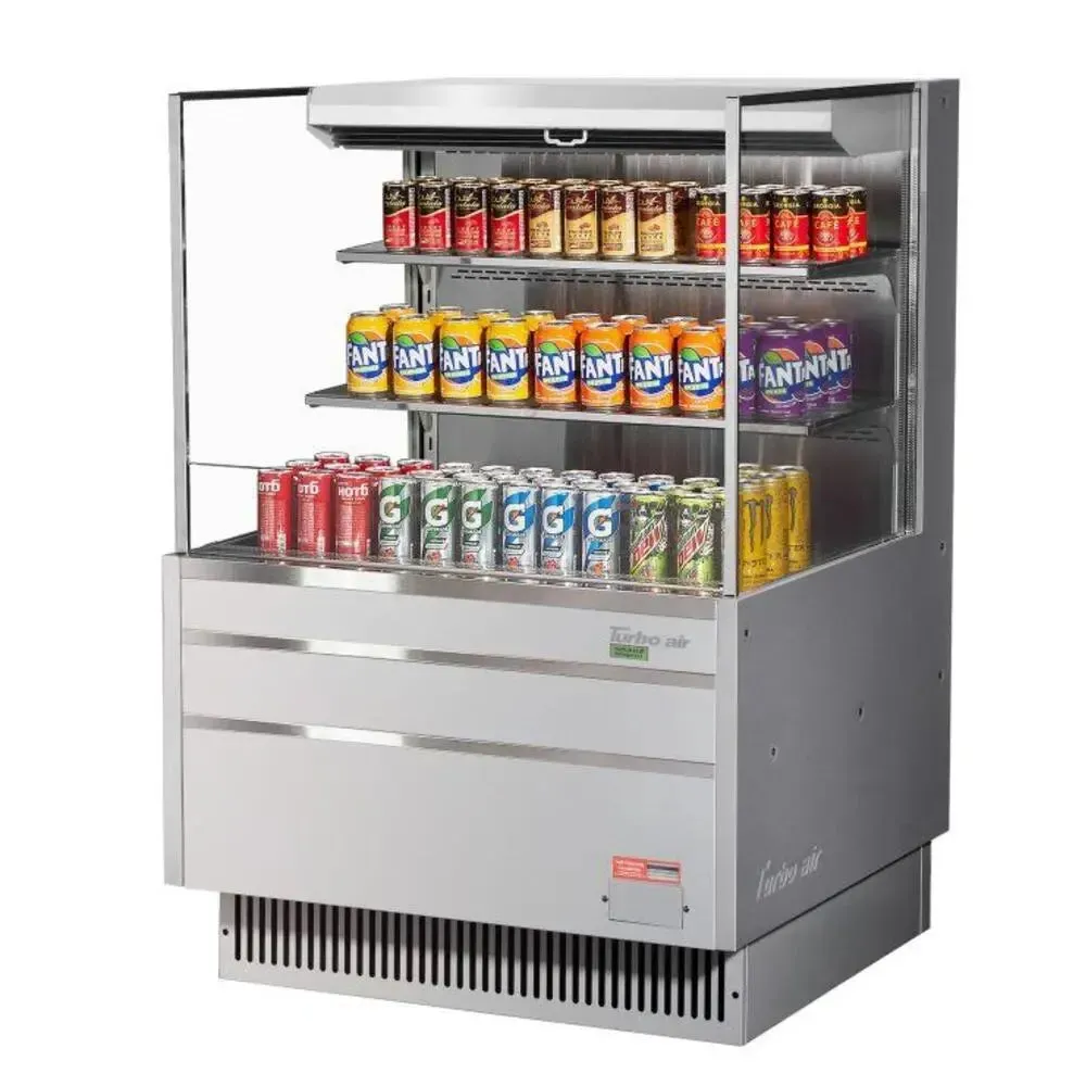 Narrow white horizontal open display merchandiser by Turbo Air, crafted to fit compact spaces while maintaining excellent product visibility.