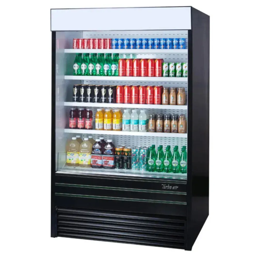 Standard vertical air curtain merchandiser from Turbo Air with a black frame, designed for effective product showcasing and reliable holding.
