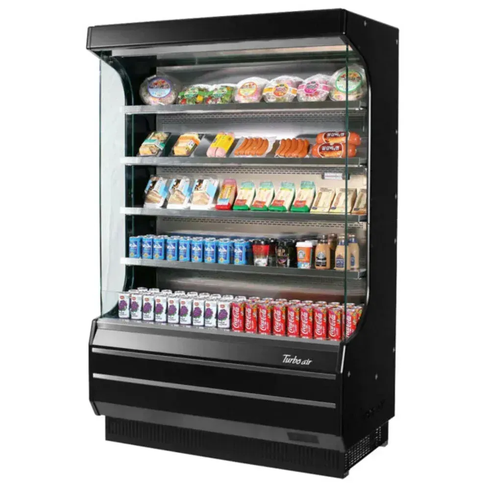 Vertical open display merchandiser from Turbo Air in a black finish with an open front, LED illuminated shelves, and a streamlined design.
