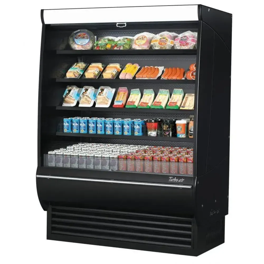 Medium, extra deep vertical open display merchandiser by Turbo Air with a black exterior, designed for holding more product on its shelves.