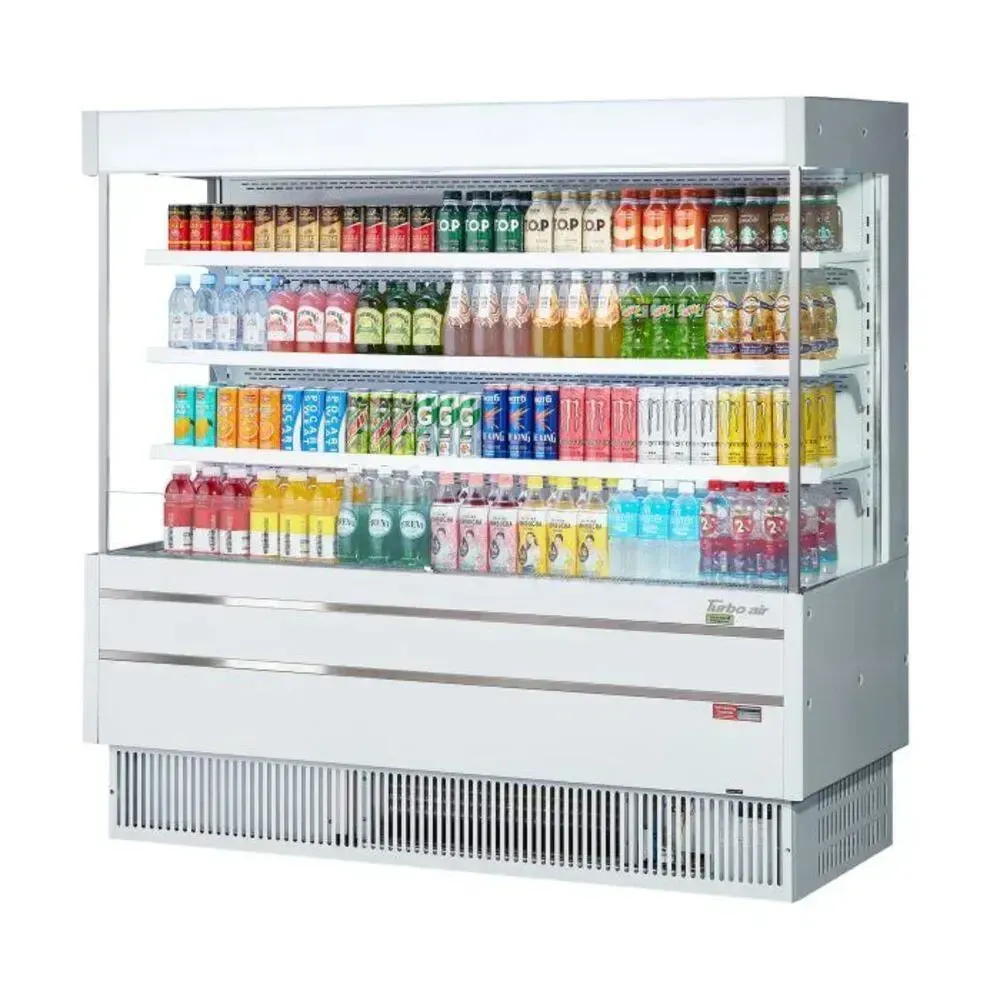 Medium vertical air curtain merchandiser from Turbo Air with a white finish, designed for an inviting, open front display of grab and go food.