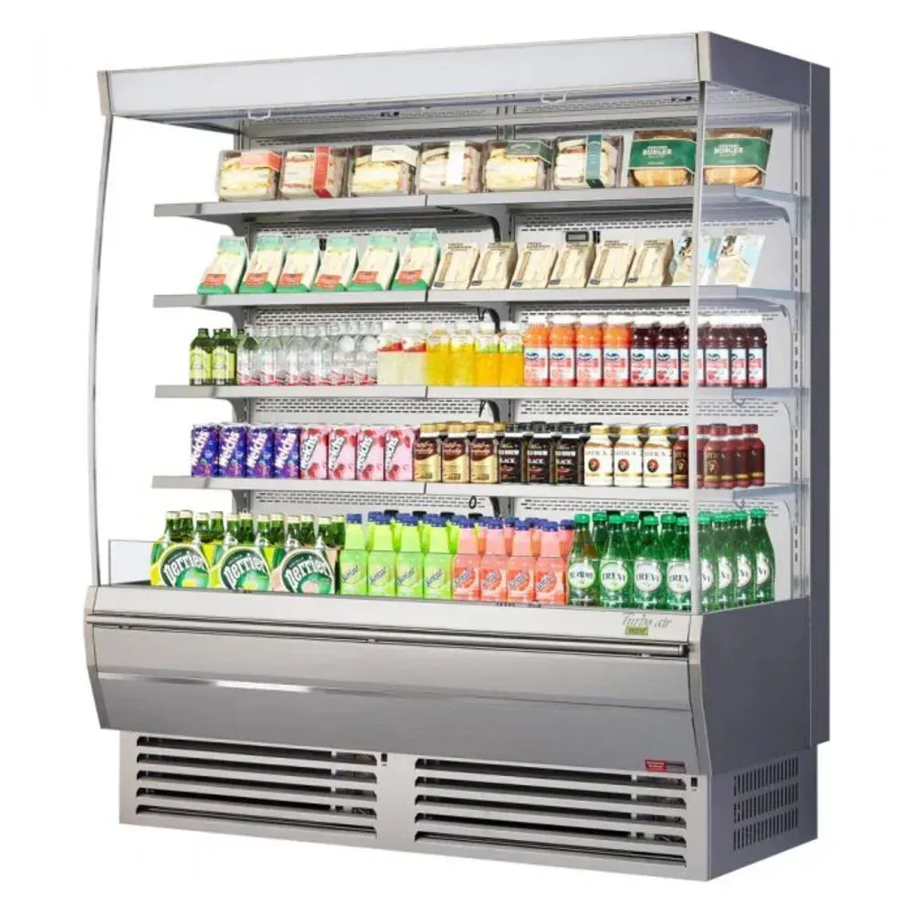 Wide, extra deep vertical open display merchandiser from Turbo Air with a stainless steel finish, combining high capacity with a modern look.