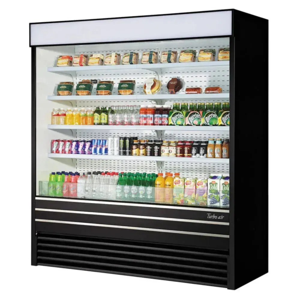 Wide vertical air curtain merchandiser from Turbo Air with a black exterior, perfect for displaying a large selection of grab and go drinks.