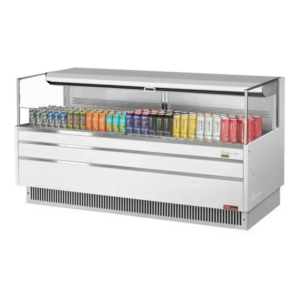 Horizontal open display merchandiser from Turbo Air, a wide case with a black or white finish, single shelf, and a front grille.