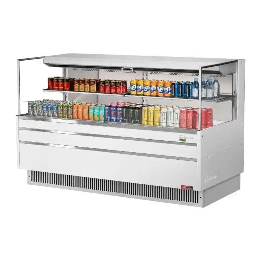 Horizontal open display merchandiser by Turbo Air, an wide case with a black or white finish, dual shelves, and LED lighting.