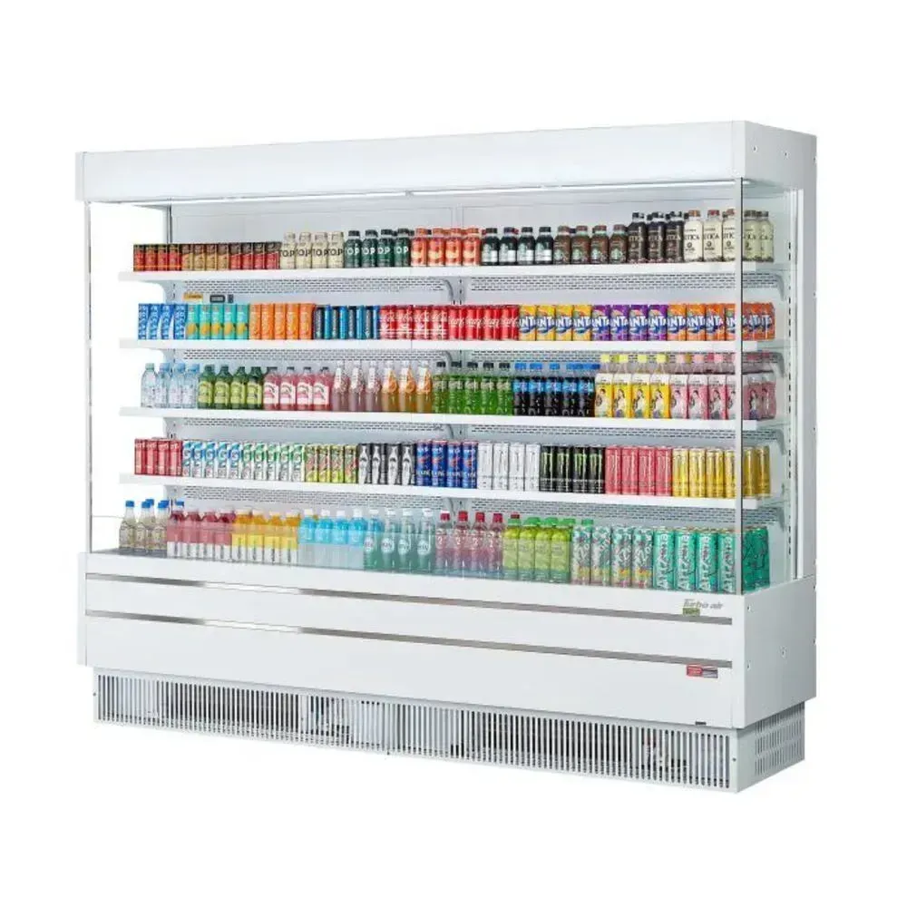 Extra wide vertical air curtain merchandiser from Turbo Air with a white finish, providing a massive open display for a large variety of items.