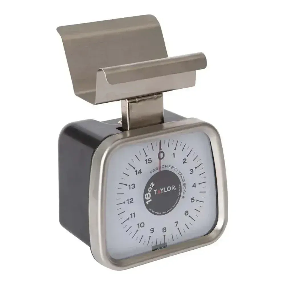 Taylor mechanical scale with fixed holder for French fries or taco shells, providing consistent portion sizes for fast food and QSR use.