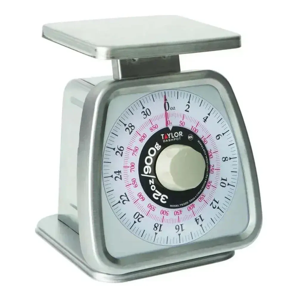 Taylor portion control scale with dashpot delivers smooth dial motion for accurate, consistent weighing during fast-paced food prep in commercial kitchens.
