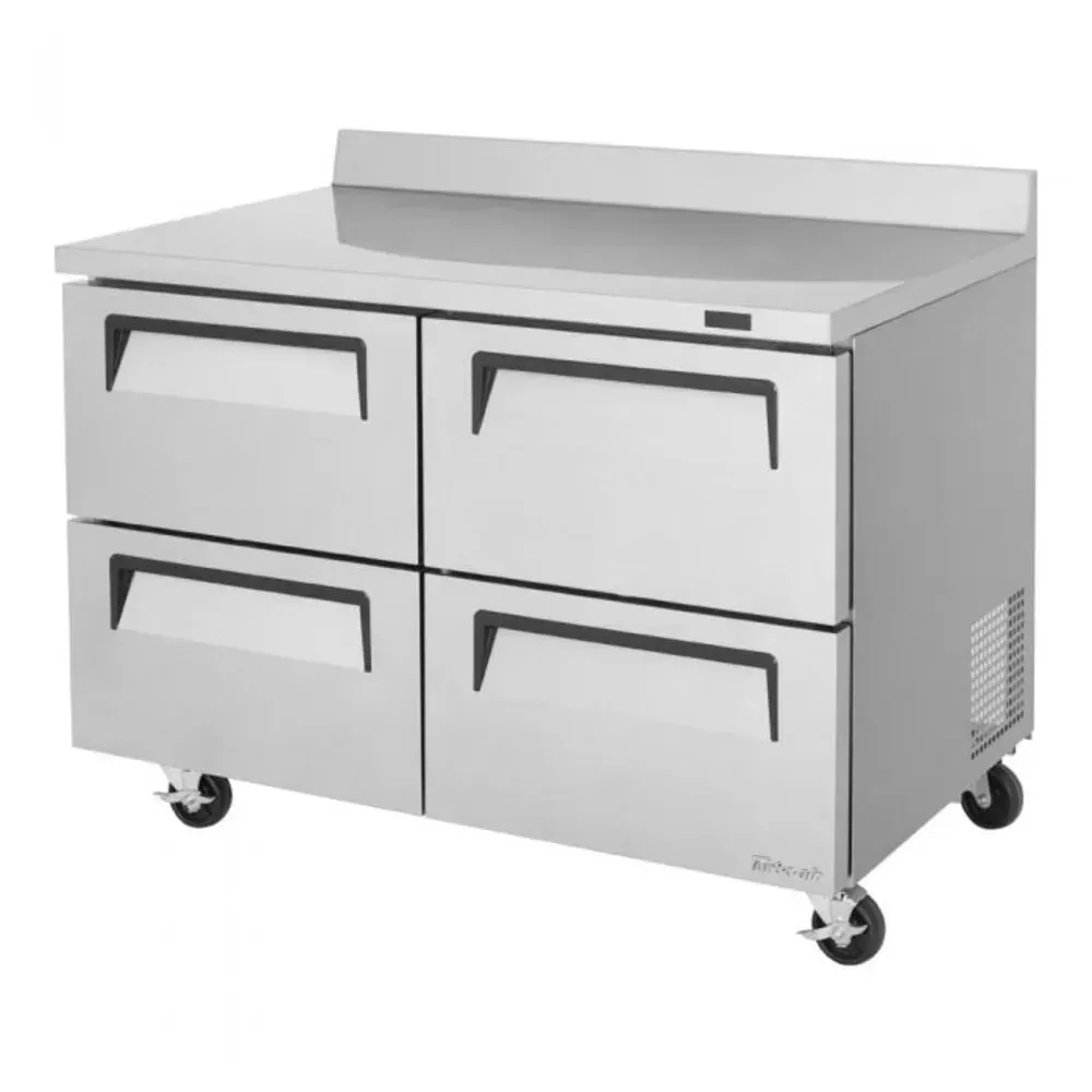 Four drawer super deluxe worktop refrigerator from Turbo Air with a flat top and wheels, built for kitchens needing organized cold storage.