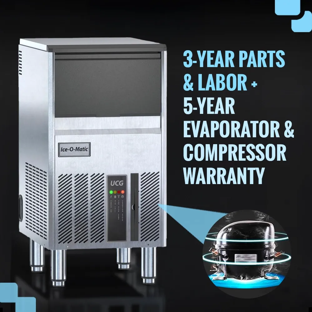 Ice-O-Matic air cooled undercounter gourmet cube ice machine with compact bin, efficient ice production for limited space kitchens.
