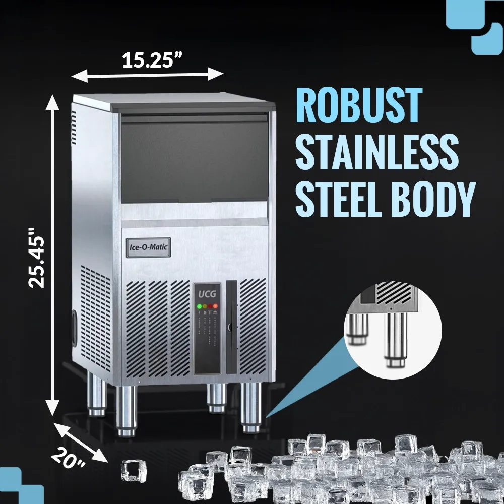 Ice-O-Matic air cooled undercounter gourmet cube ice machine with compact bin, efficient ice production for limited space kitchens.