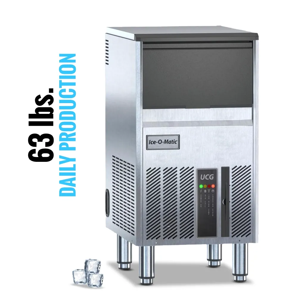 Ice-O-Matic air cooled undercounter gourmet cube ice machine with compact bin, efficient ice production for limited space kitchens.