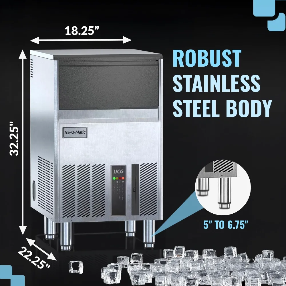 Ice-O-Matic air cooled undercounter gourmet cube ice machine with small storage bin, designed for compact commercial spaces.
