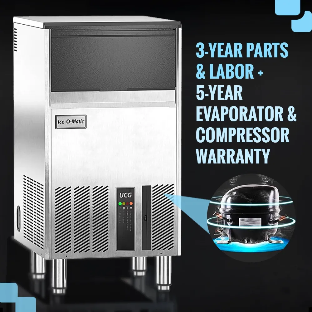 Ice-O-Matic air cooled undercounter gourmet cube ice machine with small storage bin, designed for compact commercial spaces.