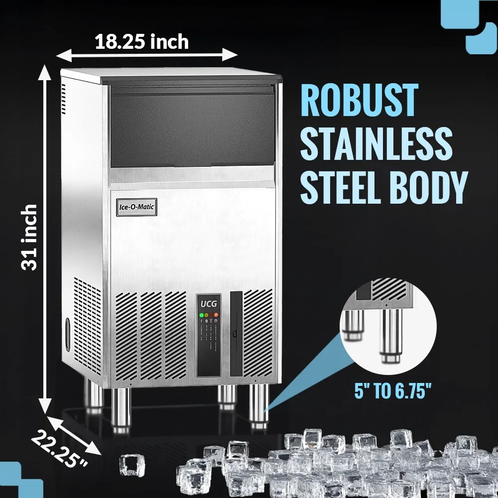 Ice-O-Matic air cooled undercounter gourmet cube ice machine with convenient storage bin, ideal for bars, restaurants, and cafes.