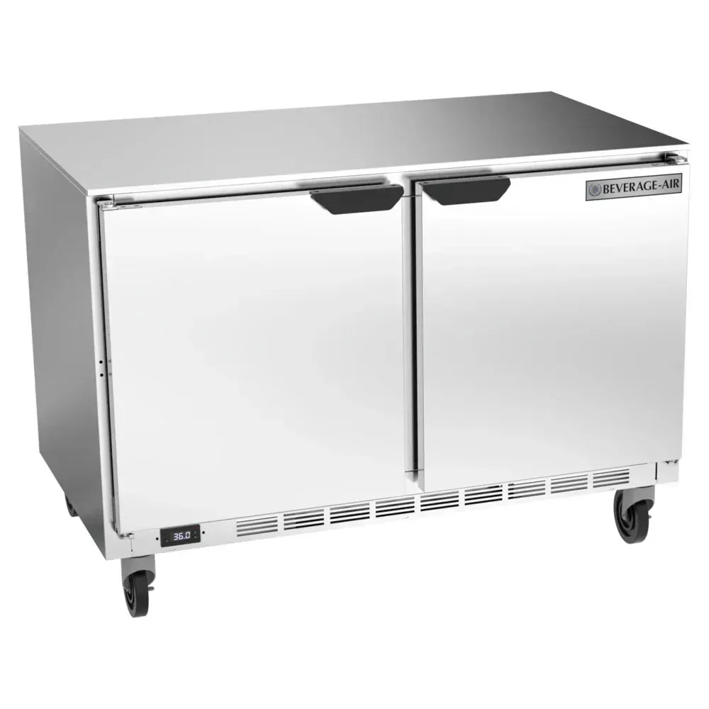 A two-door undercounter refrigerator from Beverage-Air holds pans and boxes, keeping backups cold without crowding prep areas.