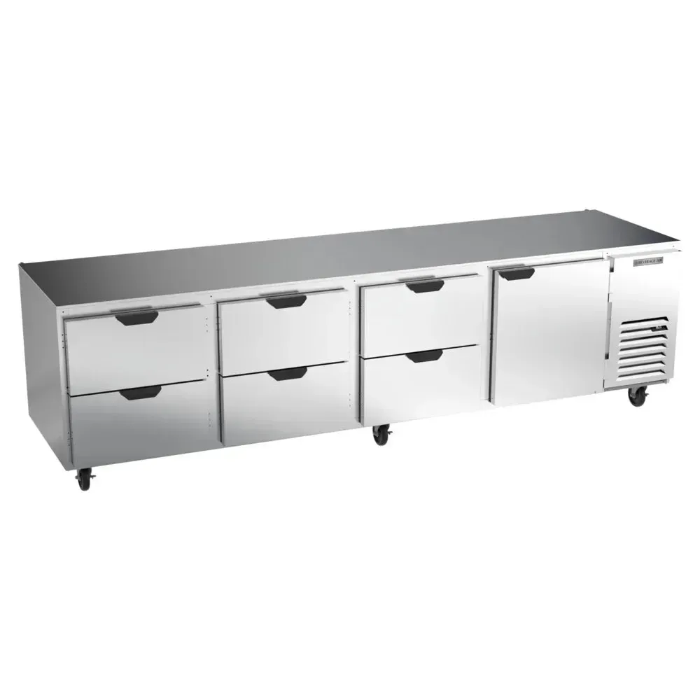 Beverage-Air undercounter refrigerator with one door and six drawers stores bulk and prepped food efficiently on the cooking line.