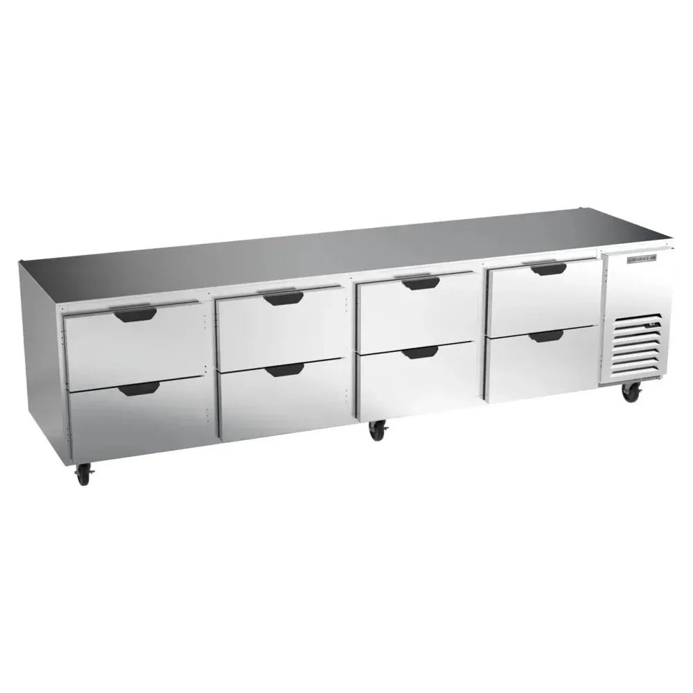 Beverage-Air eight-drawer undercounter refrigerator with stainless prep top keeps ingredients chilled and ready for fast, efficient service.