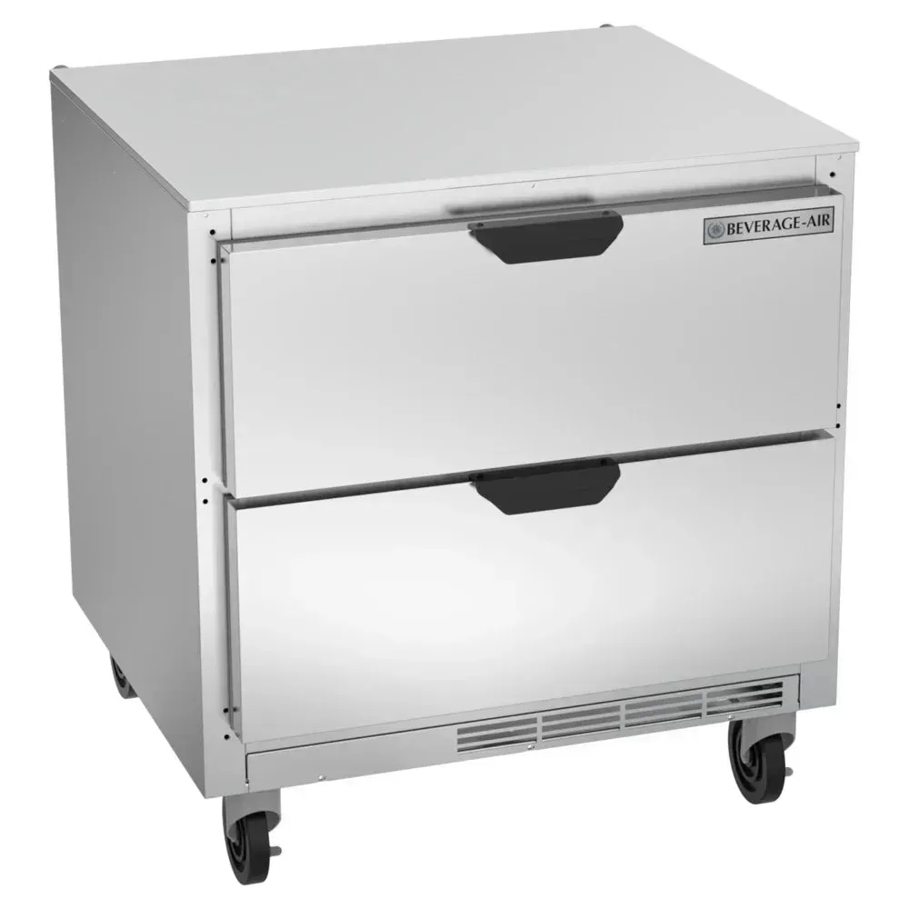 Compact two-drawer undercounter refrigerator from Beverage-Air offers cold storage for hotel suites or small restaurant kitchens.