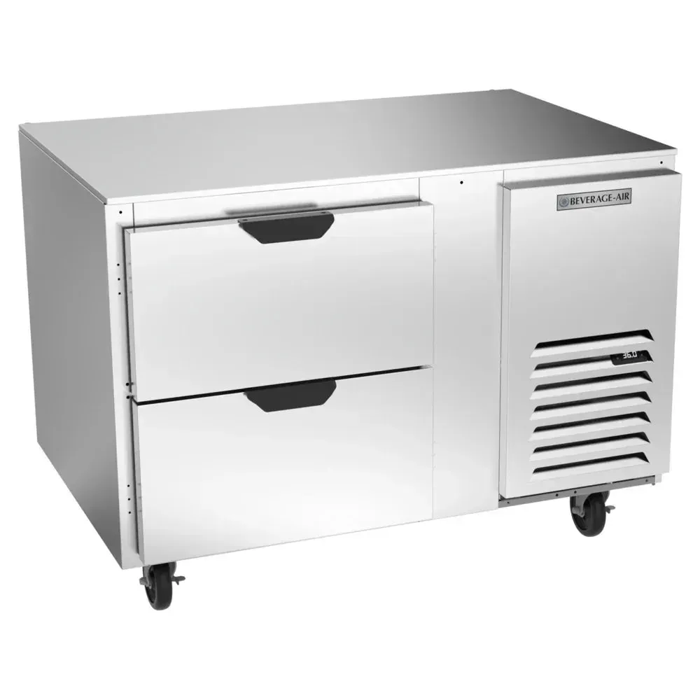 Wide two-drawer undercounter refrigerator from Beverage-Air stores full pans at safe temps for tight restaurant prep stations.