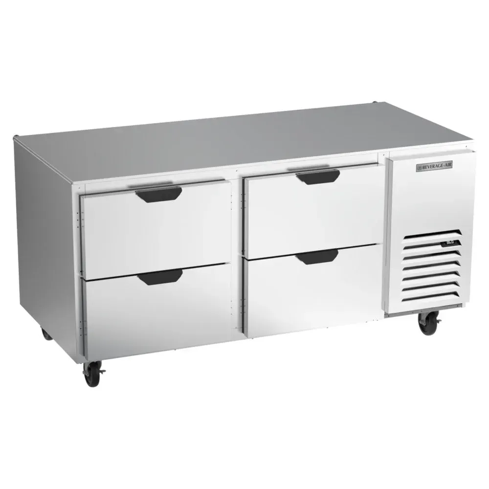 A four-drawer undercounter refrigerator from Beverage-Air provides cold storage and prep space for proteins and dairy in restaurants.