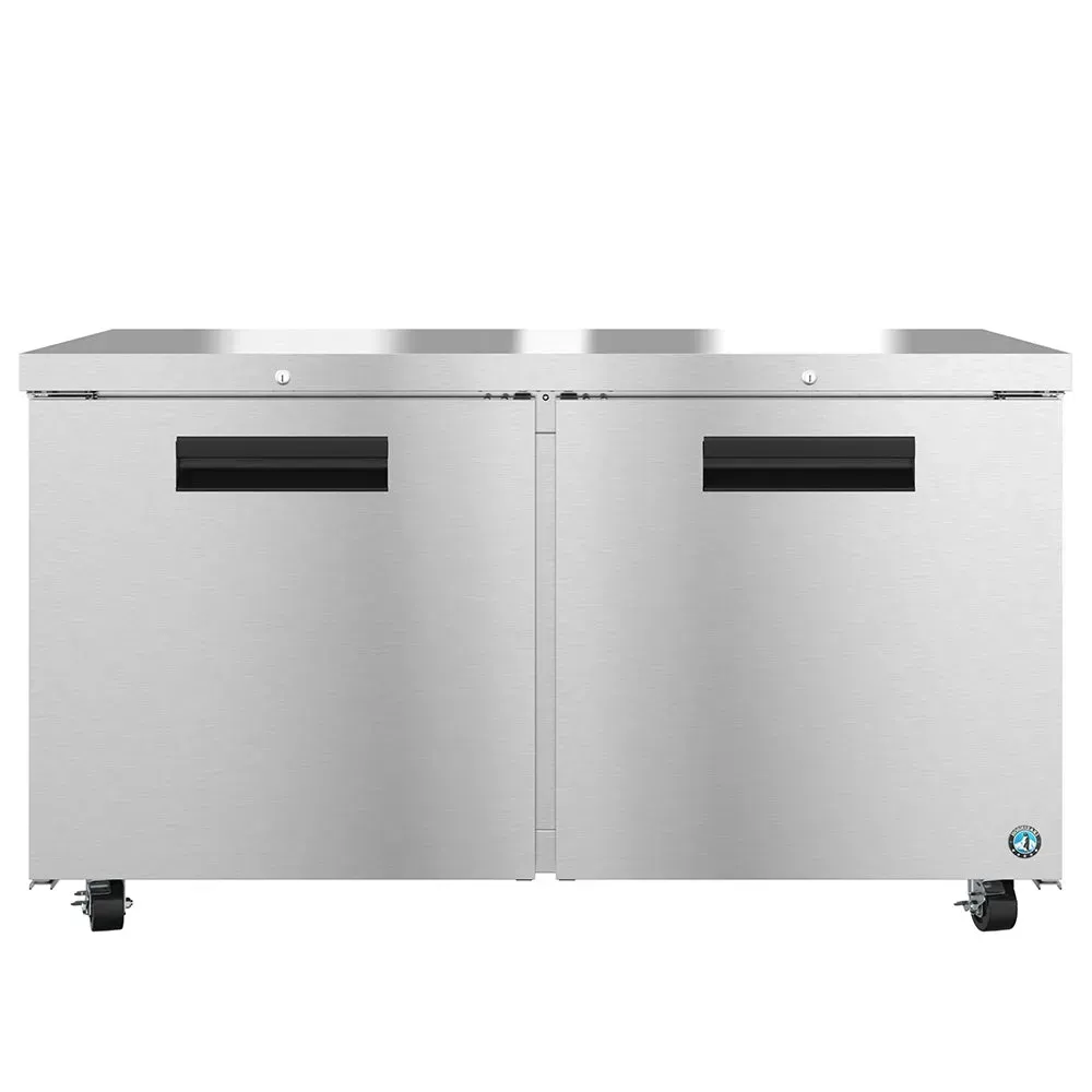 Durable undercounter freezer by Hoshizaki America with two doors and sections, built for heavy duty commercial kitchens needing secure storage.
