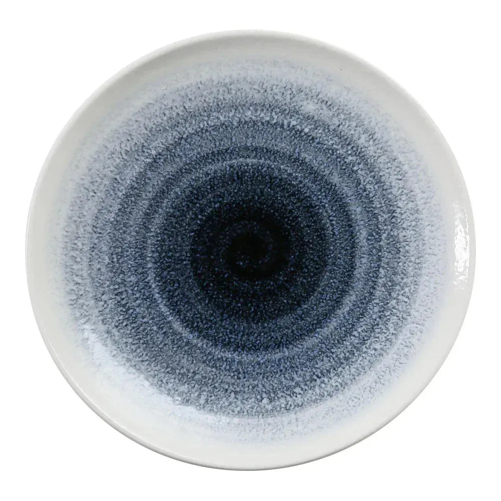 Yanco China round ceramic plate with blue and white concentric circles, adding elegance, visual appeal, and artistic charm to dining presentations.