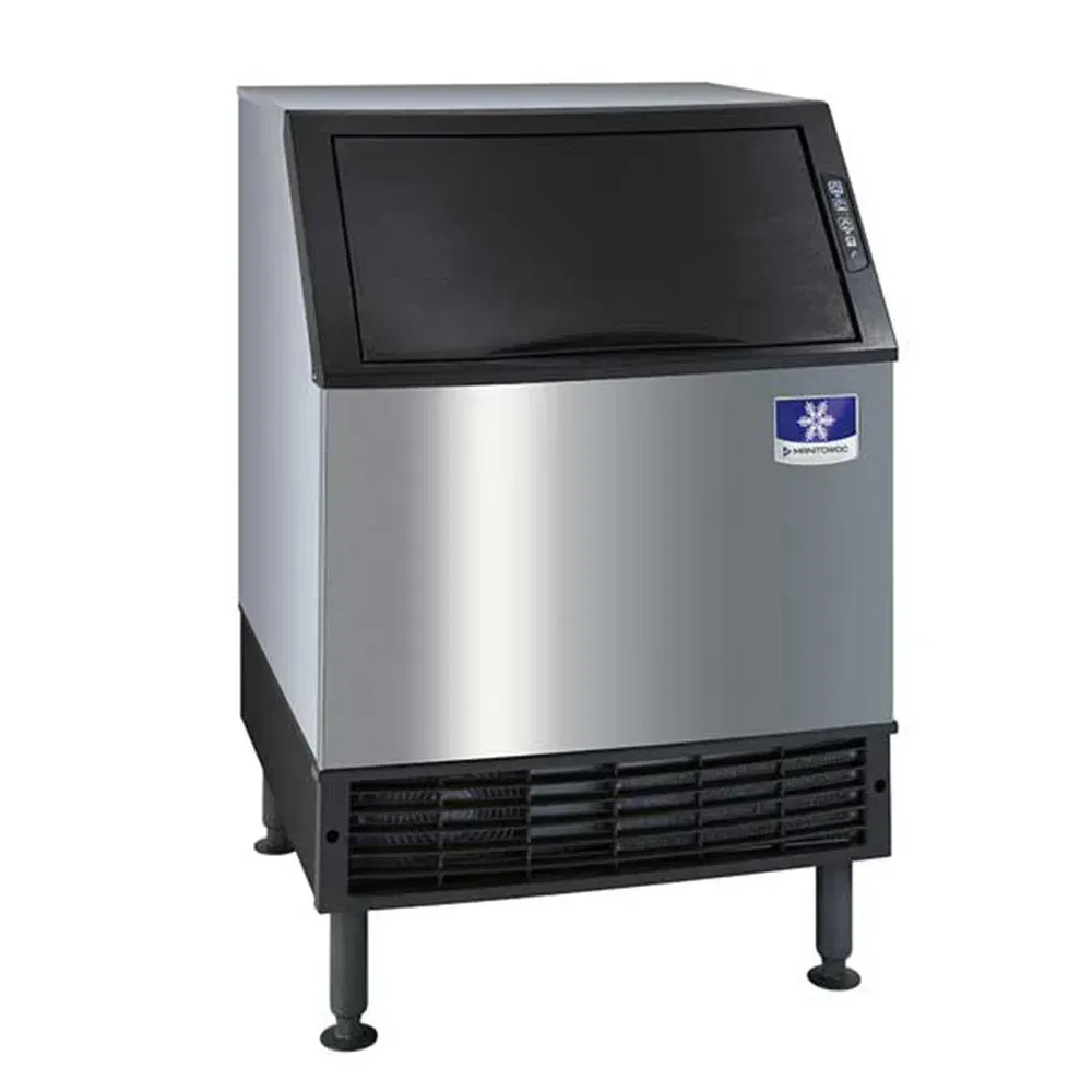 Manitowoc air-cooled small undercounter half-dice ice machine with a ninety pound bin suits cafés, bars, or hotels that need compact reliable ice.