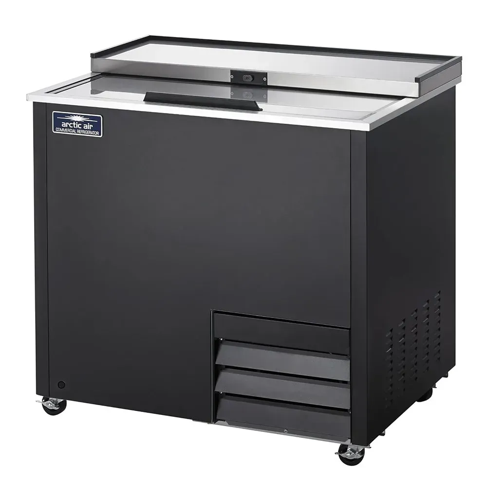 Arctic Air sleek black glass froster with sliding lid keeps mugs icy cold and ready to serve in bars and restaurants, ensuring fast, beverage service.
