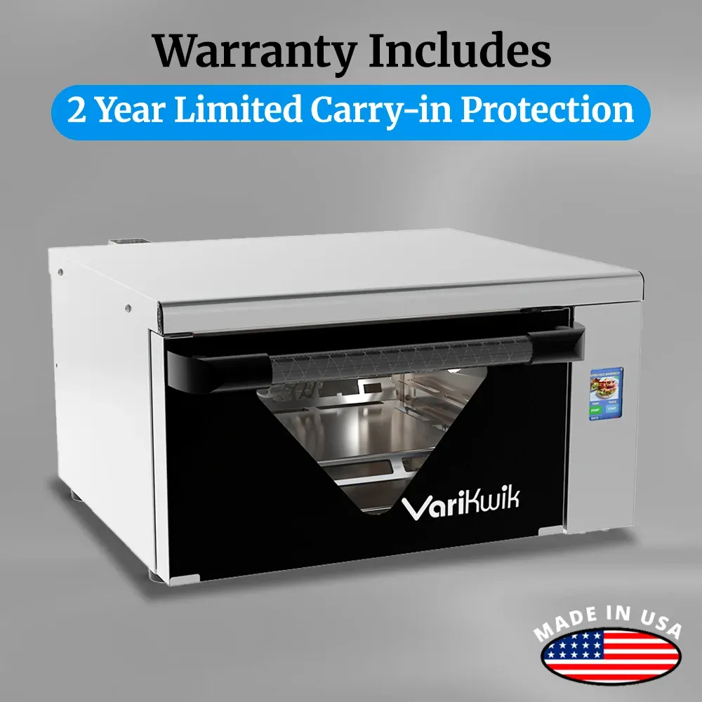 Cadco stainless steel countertop high-speed oven with touchscreen, compact commercial kitchen, rapid bake, durable, easy-clean, catering bakery.