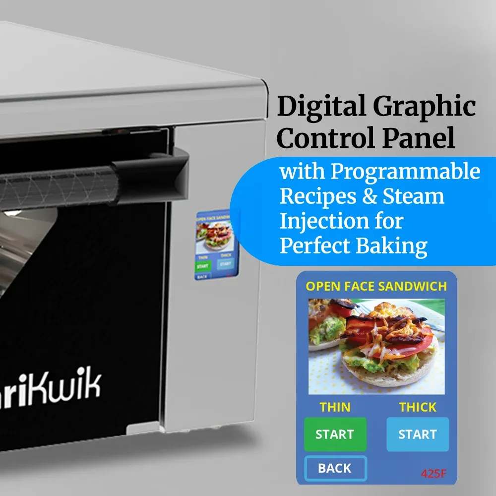 Cadco stainless steel countertop high-speed oven with touchscreen, compact commercial kitchen, rapid bake, durable, easy-clean, catering bakery.