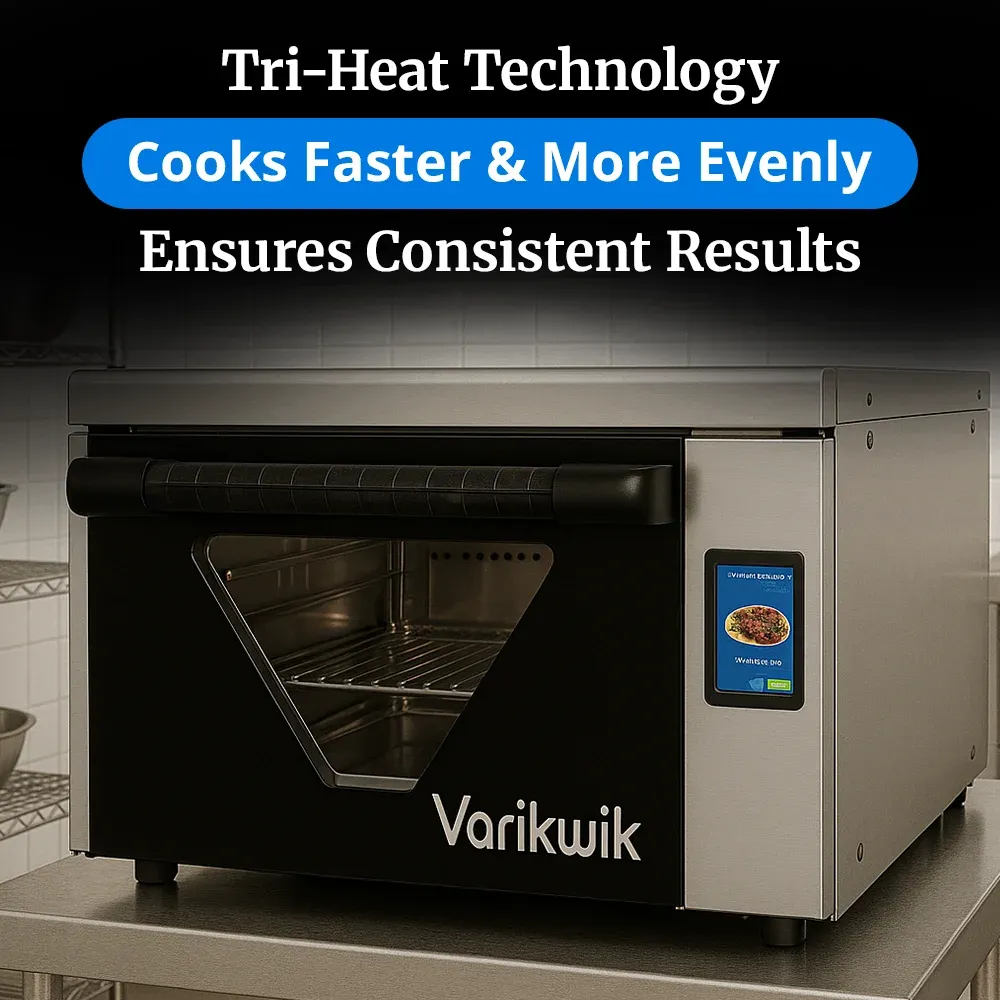 Cadco stainless steel countertop high-speed oven with touchscreen, compact commercial kitchen, rapid bake, durable, easy-clean, catering bakery.