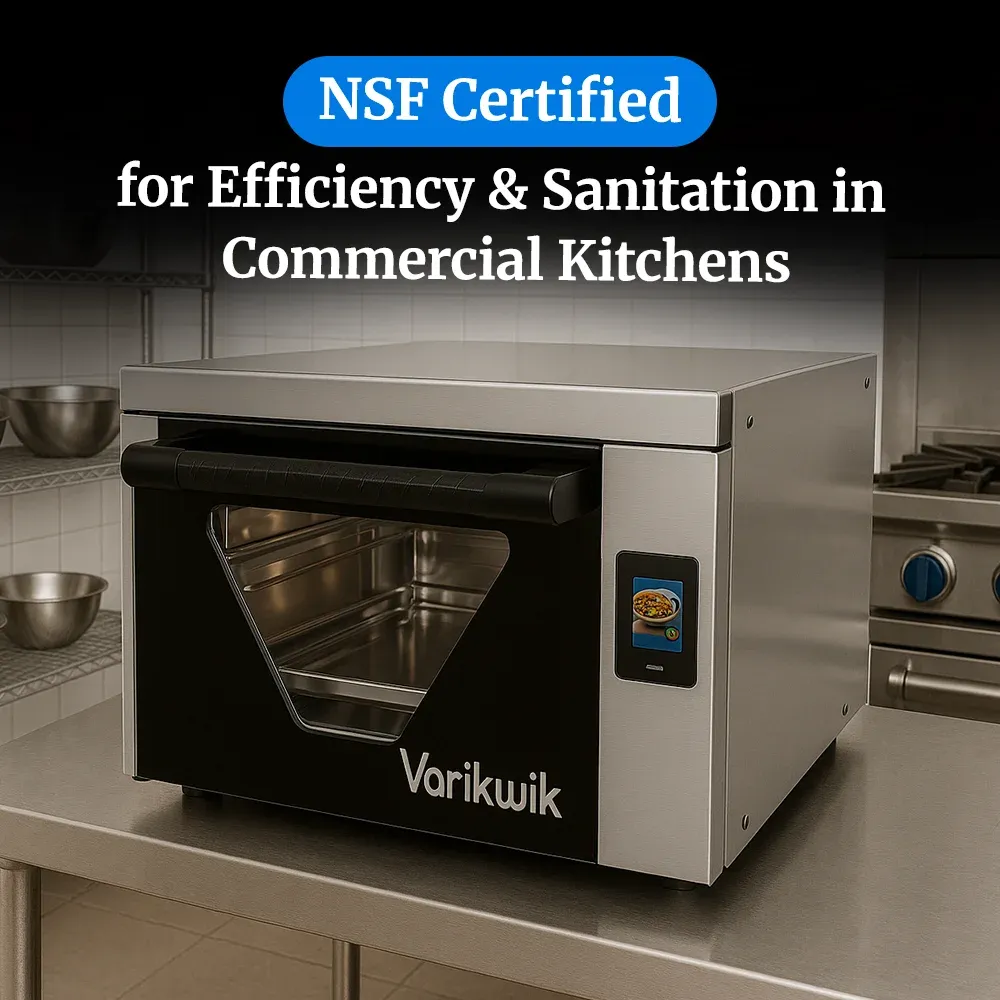 Cadco stainless steel countertop high-speed oven with touchscreen, compact commercial kitchen, rapid bake, durable, easy-clean, catering bakery.