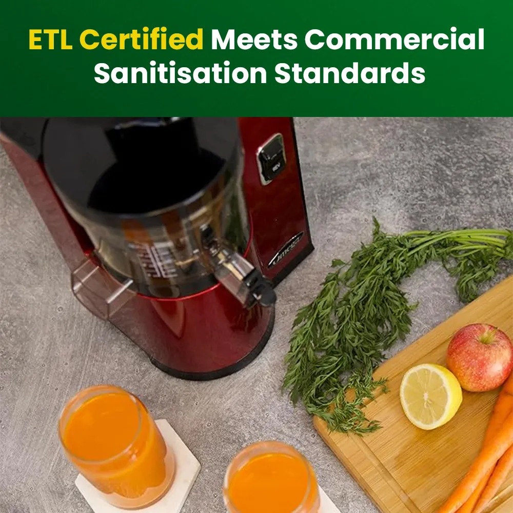 Omega Juicer red vertical masticating cold press juicer with automatic pulp ejection, combining style, convenience, and juice quality.