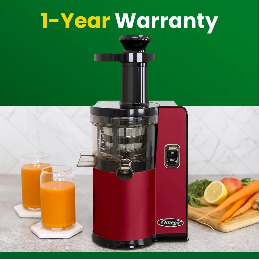 Omega Juicer red vertical masticating cold press juicer with automatic pulp ejection, combining style, convenience, and juice quality.