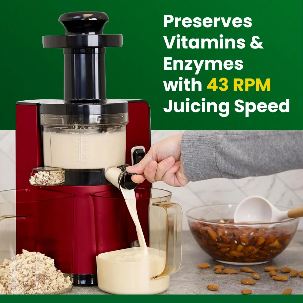 Omega Juicer red vertical masticating cold press juicer with automatic pulp ejection, combining style, convenience, and juice quality.