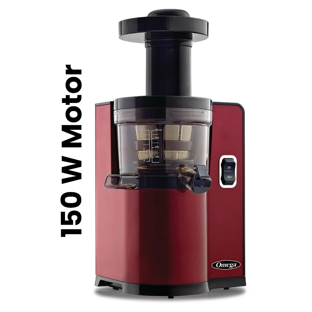 Omega Juicer red vertical masticating cold press juicer with automatic pulp ejection, combining style, convenience, and juice quality.