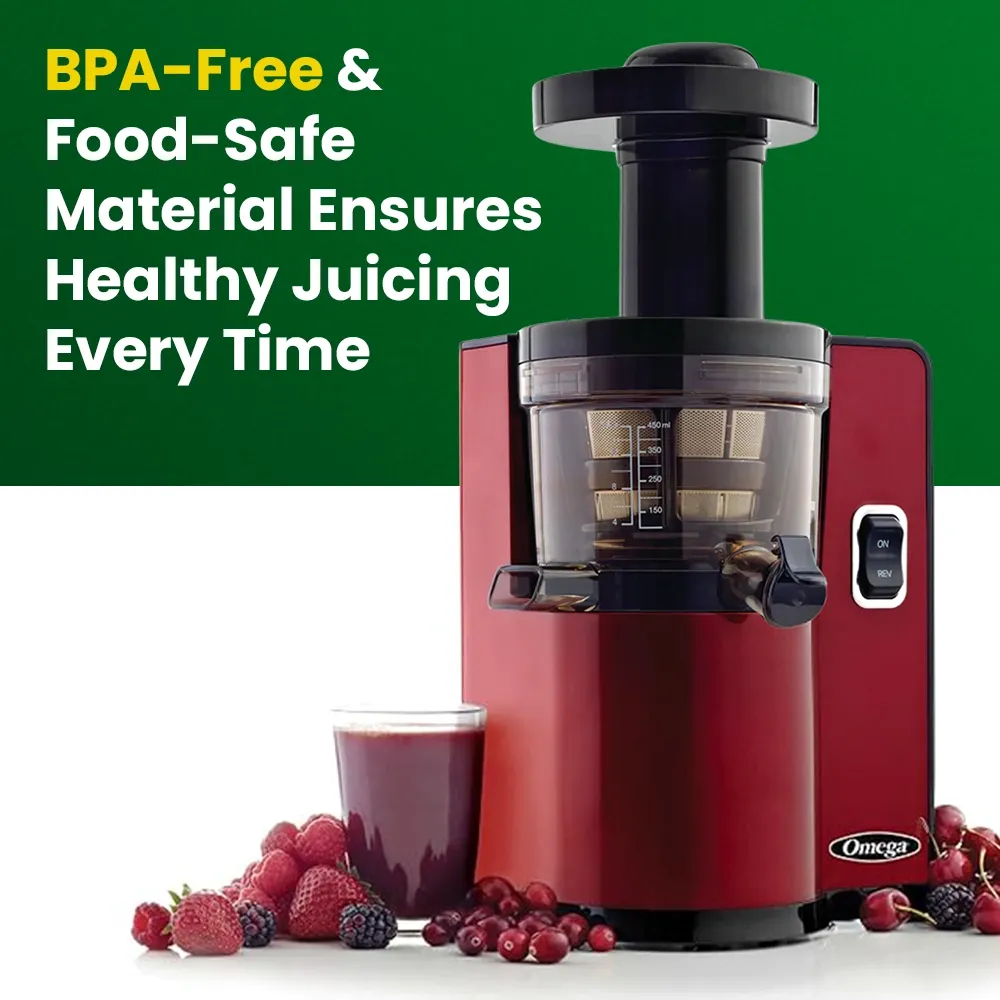 Omega Juicer red vertical masticating cold press juicer with automatic pulp ejection, combining style, convenience, and juice quality.