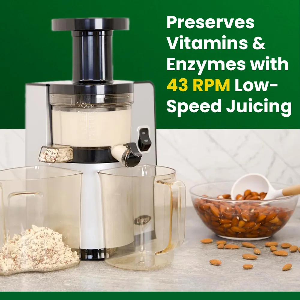 Omega Juicer vertical silver cold press juicer for cafes or hotels, slow squeeze preserves nutrients with compact and quiet operation.