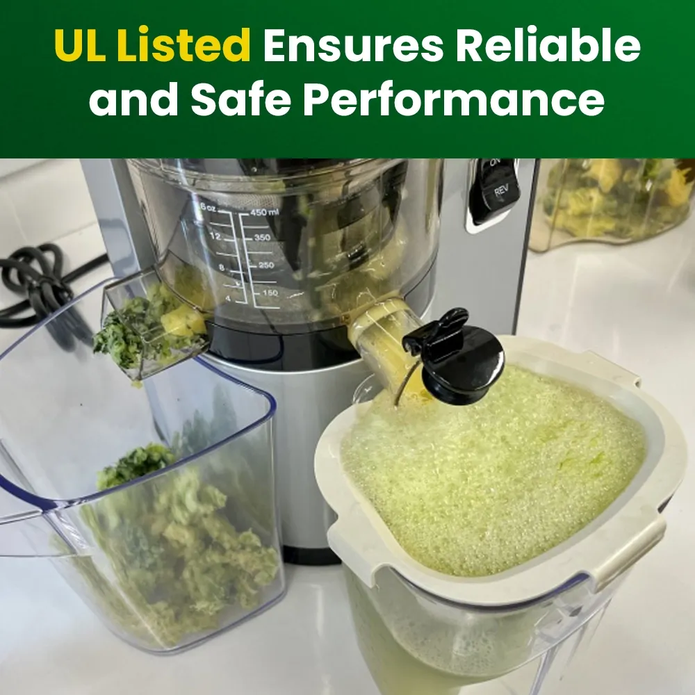 Omega Juicer vertical silver cold press juicer for cafes or hotels, slow squeeze preserves nutrients with compact and quiet operation.