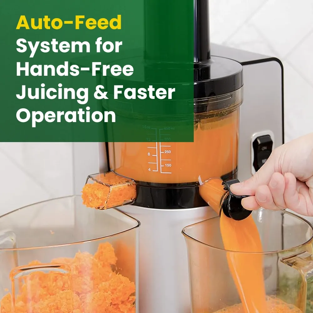 Omega Juicer vertical silver cold press juicer for cafes or hotels, slow squeeze preserves nutrients with compact and quiet operation.